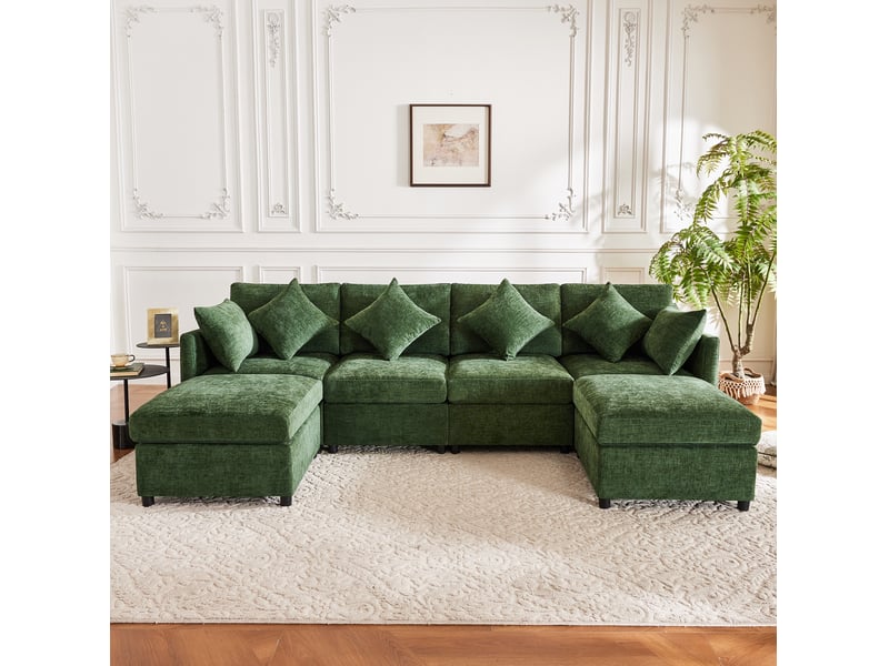 Canapé d'angle modulaire 278x161 cm avec 2 poufs et 6 coussins, canapé 4 places en tissu chenille vert  - Conforama B