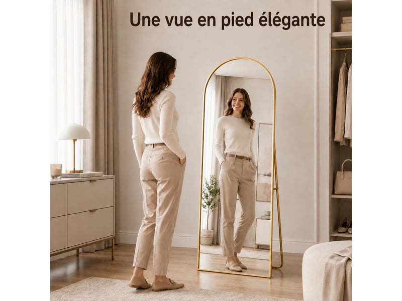  Miroir psyché arqué sur pied 173x63 cm, miroir pleine longueur arqué avec cadre en alliage d'aluminium, miroir de coiffeuse, miroir sur pied inclinable ou suspendu, doré  - Conforama E