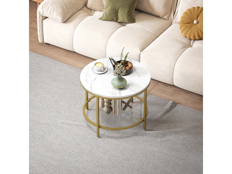 Table basse ronde dia. 60 cm avec étagère verre trempé métal doré plateau effet marbre blanc  - Conforama C
