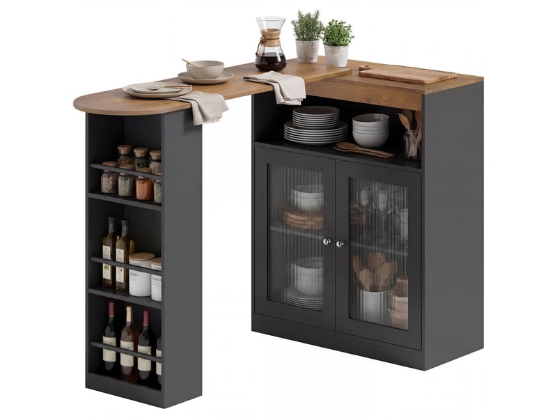  Table de bar extensible et pivotante à 90° avec étagères ouvertes et 2 portes vitrées 150 x 80 x 105,5 cm noir et naturel  - Conforama B