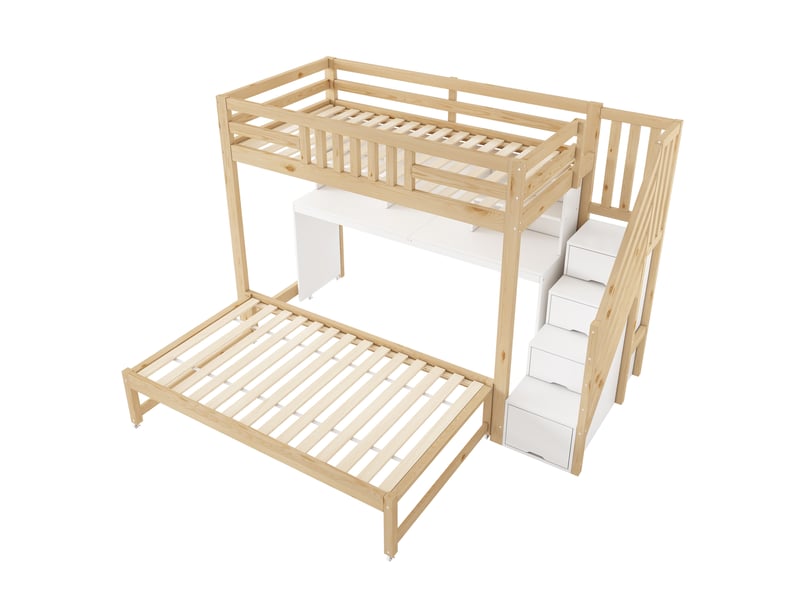 Lit mezzanine enfant 90 × 200 et 90 × 190 cm avec bureau, étagères et lit gigogne, sans matelas, blanc et chêne - Conforama E