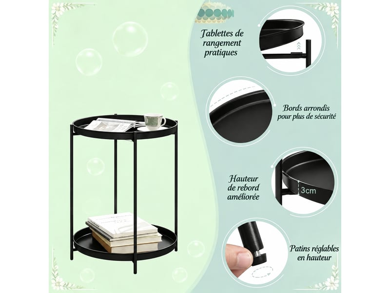  Table d'appoint ronde bout de canapé métal noir avec deux plateaux amovibles, 44x44x53 cm  - Conforama R