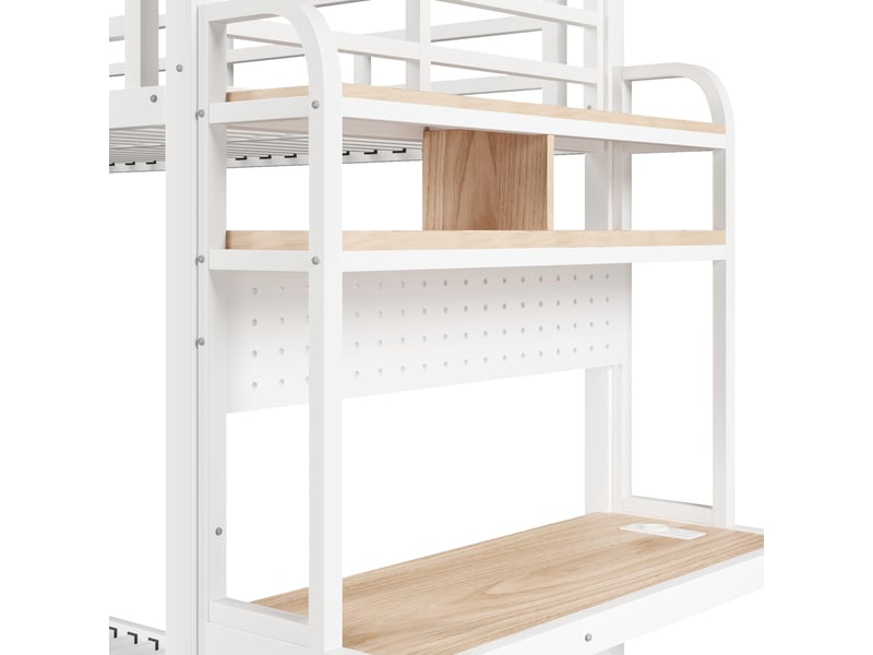 Lit superposé 90 x 200 cm avec rangements intégrés, bureau intégré, éclairage led, en métal – blanc, matelas non inclus  - Conforama E
