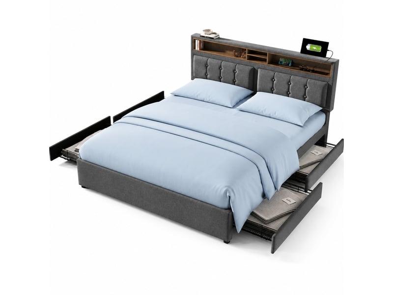  Lit double avec 4 tiroirs et prises usbtype-c gris 140 x 200 cm  - Conforama A