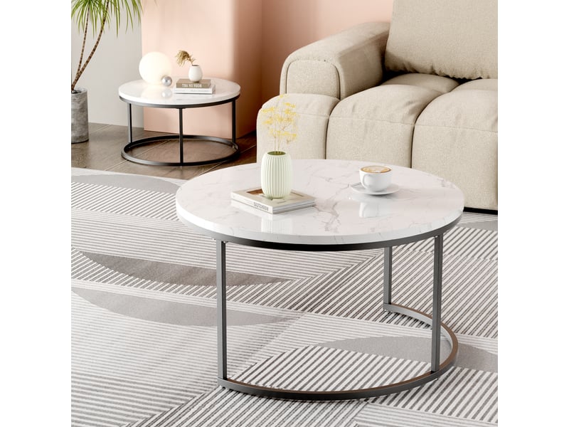  Table basse gigogne 2 pièces effet marbre blanc noir mdf structure métal cravdom  - Conforama E