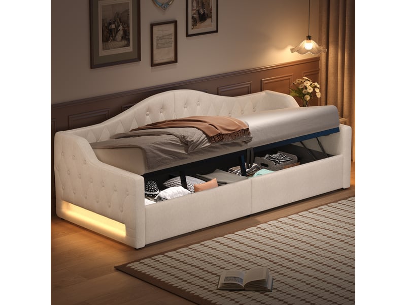  Lit gigogne simple 90 x 200 cm, lit de repos rembourré avec bande led et rangement en dessous, beige, lit 1 personne  - Conforama C
