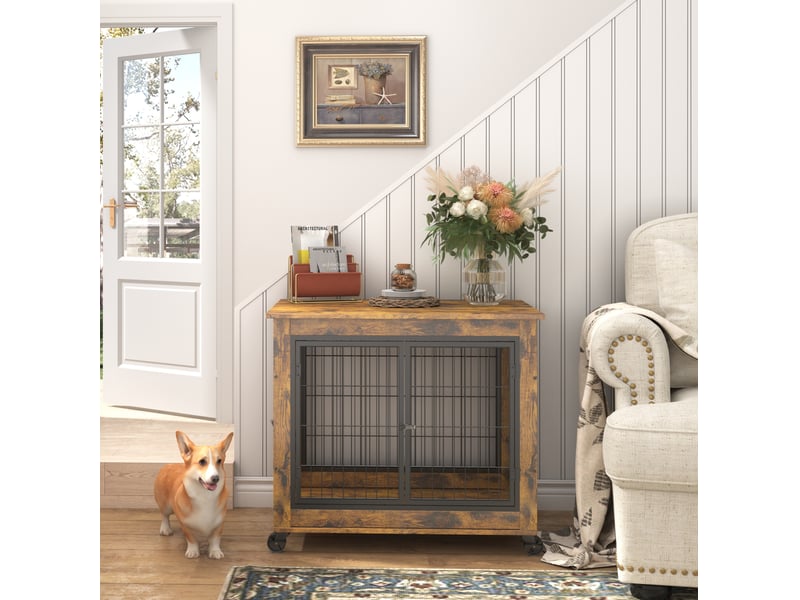  Cage d'intérieur chats et chiens 80x56x69,5 cm – marron vintage et noir – roulettes verrouillables  - Conforama D