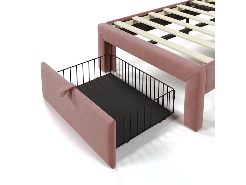 Lit enfant 90x190 velours rose avec tiroir de rangement, cadre de lit led rgb et tête de lit réglable motif floral - Conforama W