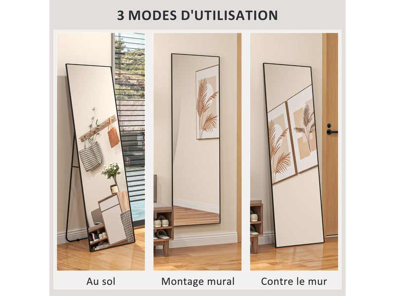 Grand miroir pleine longueur rectangulaire, 50 x 160 cm, miroir sur pied, noir, mural ou pocé contre mur  - Conforama R