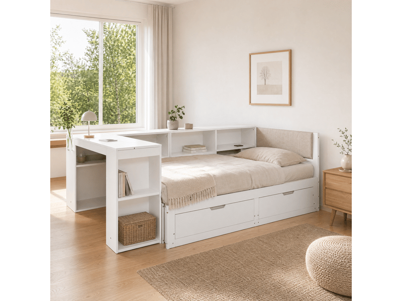  Lit multifonction enfant 180x200 cm - lit 3 en 1 avec bureau et rangement - tiroirs - étagères - tête de lit rembourrée - bois massif + mdf - blanc CozyNest - Conforama E