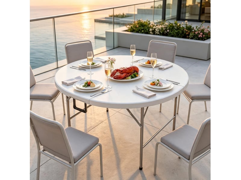 Table de jardin ronde pliante ø122 cm – blanche et grise – 6 personnes, pliage compact pour transport - Conforama E