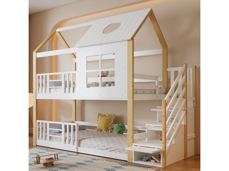  Lit superposé, 90 x 200 cm, lit cabane avec escalier de rangement, barrière de sécurité, fenêtre et toit, pin, blanc et naturel  - Conforama D
