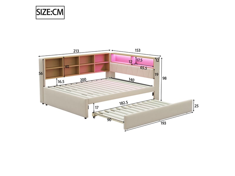  Lit banquette rembourré 140x200 cm avec lit gigogne 90x190 cm, rangements, led, usb, usb-c et prise électrique, sommier à 24 lattes, flanelle beige Radiant Stride - Conforama C