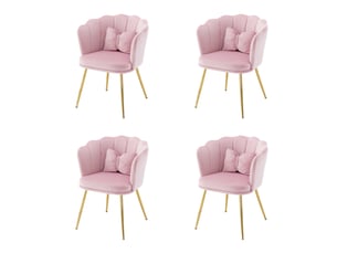 Lot de 4 chaises rembourrées à dossier pétale avec coussins de soutien et pieds métalliques dorés, en velours rose