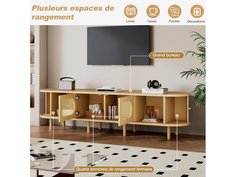 Meuble tv rangement 180x40x40 cm, 2 portes 2 rideaux, 8 pieds tv 75 pouces, design rétro, mdf bois clair - Conforama D