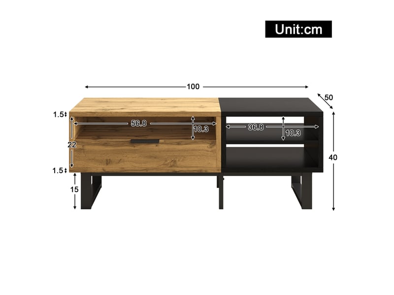  Table basse salon rangement 100 x 50 x 40 cm avec 1 tiroir, panneau de particules bois naturel et noir  - Conforama C