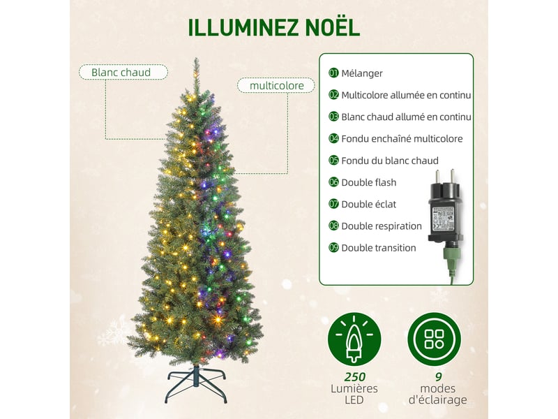  Sapin de noël artificiel 180 cm, arbre de noël fin avec 250 lumières, 899 pointes, support en métal pliable, vert  - Conforama E