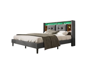 Lit double 140x200cm avec tête de lit à rangement, 2 chevets, éclairage led, port usb, sans matelas, lin, gris