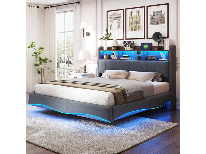 Lit double rembourré 160 x 200 cm effet flottant avec led, usbusb-c et rangement de tête de lit, tissu effet lin gris Fay Lum - Conforama B