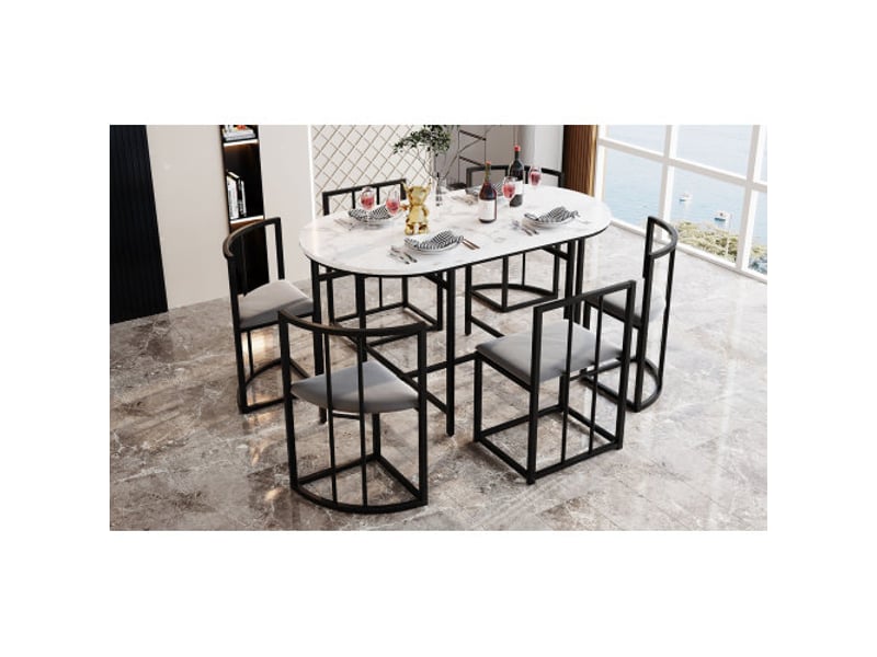  Ensemble salle à manger moderne, table blanche + 6 chaises grises – structure métal noir  - Conforama W