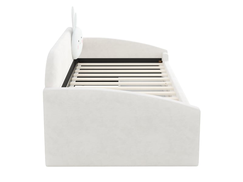  Lit banquette enfant 90×200 cm en velours, lit simple avec 2 tiroirs, led et coussin lapin, matelas non précisé, beige  - Conforama E