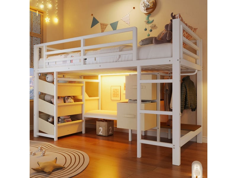  Lit mezzanine 90x200 métal blanc avec led - lit simple - coussin, penderie et tiroirs de rangement  - Conforama A
