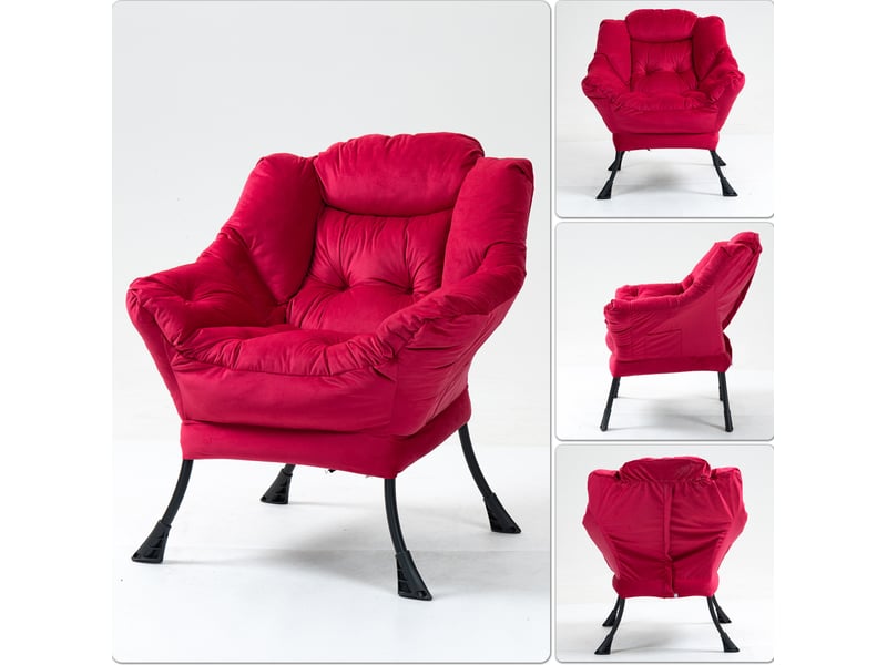  Fauteuil relax en velours rouge brique avec cadre métallique et poche latérale  - Conforama D