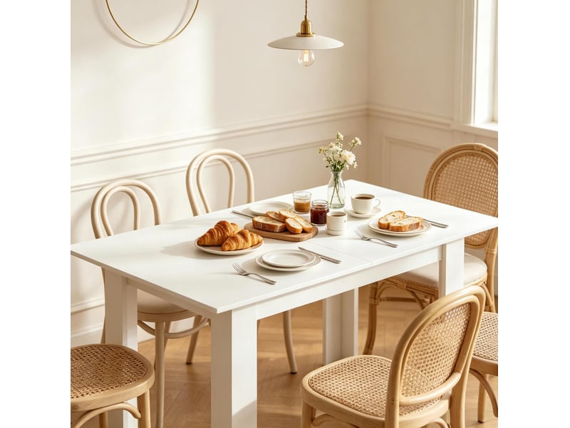 Table de salle à manger extensible pour 6 à 8 personnes avec rallonge, plateau en mélaminé, mdf et acier, blanc - Conforama D