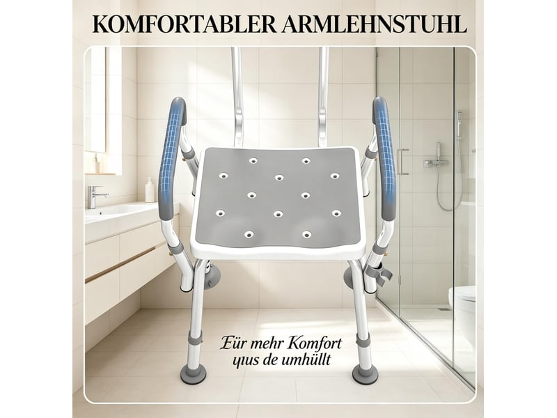 Chaise de douche ergonomique 56,5 x 53,5 cm - blanc et gris - hauteur réglable, accoudoirs et dossier - Conforama E
