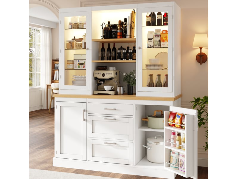 Buffet de cuisine haut de rangement avec led, 3 tiroirs, étagères réglables et portes vitrées pour cuisine en mdf blanc - Conforama D