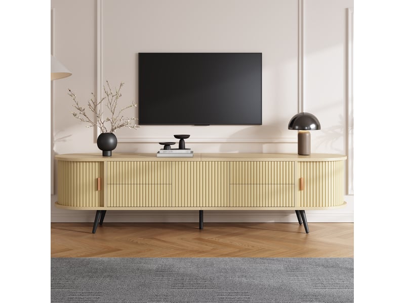  Meuble tv tcqpz ovale 180 x 40 x 45 cm 4 tiroirs porte tambour mdf coloris bois naturel jusqu’à 80 pouces  - Conforama D