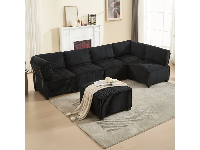  Canapé modulable convertible 6 places en velours côtelé noir – 308 x 154 x 81,99 cm  - Conforama C