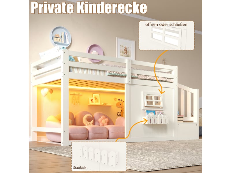  Lit mezzanine enfant simple 90×200 cm avec escalier de rangement et led réglable - okmyhome- blanc, sans matelas  - Conforama E