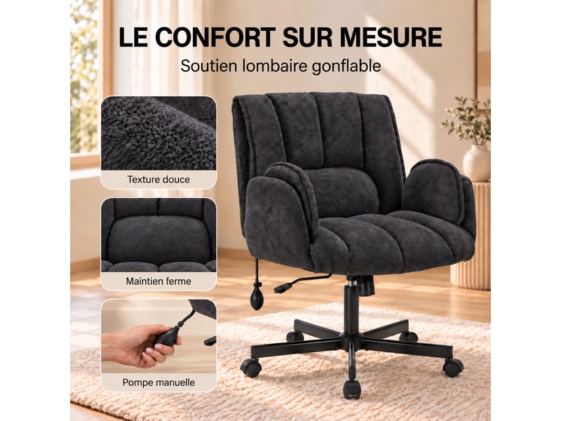 Fauteuil ergonomique tissu accoudoirs rabattables, coussin lombaire gonflable, assise large, pivot 360° 150kg-noir - Conforama D
