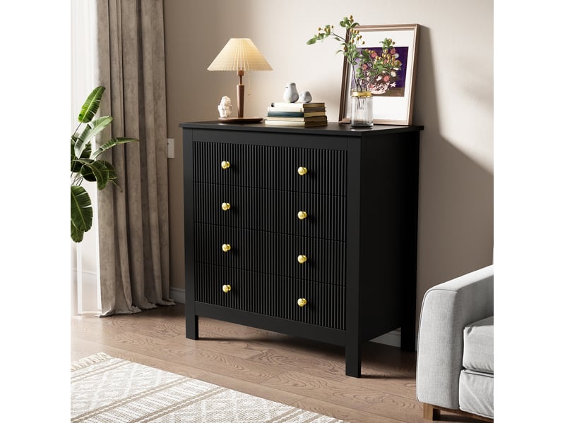  Commode de rangement noire à 5 tiroirs texturés et poignées dorées – 79 x 39,5 x 80,5 cm  - Conforama C