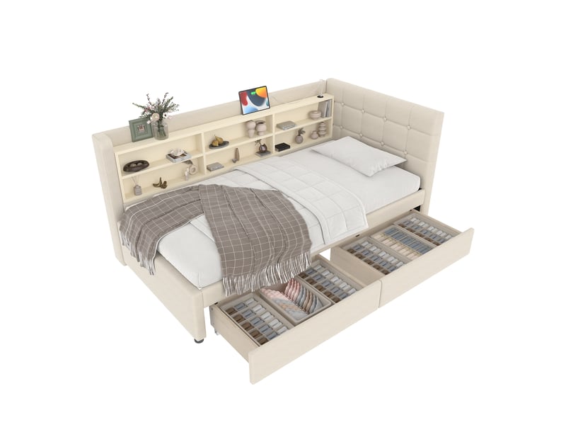  Lit banquette 90x200 lit de jour en lin beige avec 2 tiroirs - ports usb type c et étagères  - Conforama A