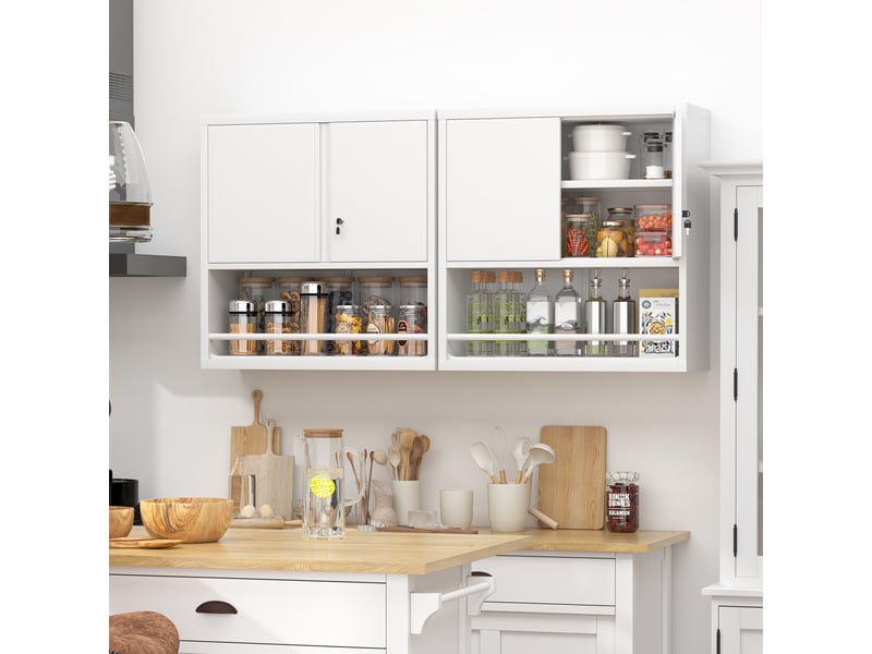  Armoire murale de rangement à 2 portes avec étagères réglables moderne en métal blanc pour cuisine et bureau  - Conforama E
