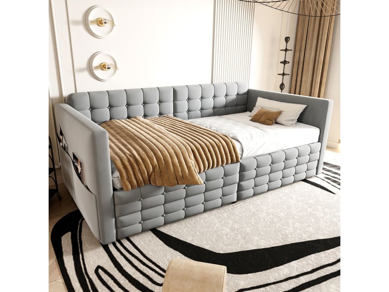 Lit rangement 90 x 190 cm en velours lit simple compartiments latéraux deux tiroirs sous le lit motif à carreaux gris clair - Conforama B