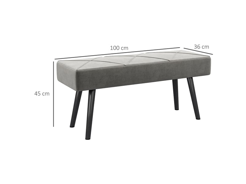 Bout de lit rembourré avec motif en x, assise confortable et pieds en acier, aspect velours gris 100 × 36 × 45 cm - Conforama E