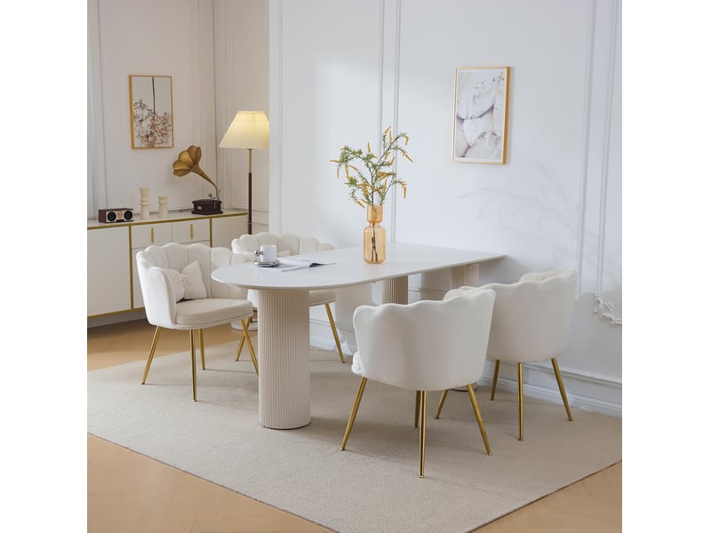  Lot de 4 chaises de salle à manger 63x58x77 cm, dossier pétale, coussin, pieds en métal doré, velours beige  - Conforama D