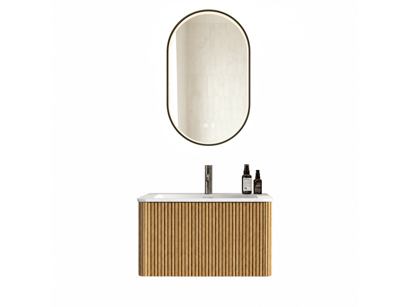  Ensemble salle de bain meuble vasque 80 cm et miroir led coloris chêne  - Conforama A