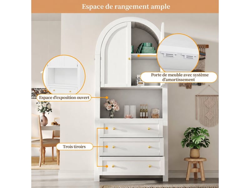  Meuble de cuisine muvano, buffet haut blanc à sommet arrondi, 3 tiroirs, 70 × 35 × 180 cm  - Conforama B