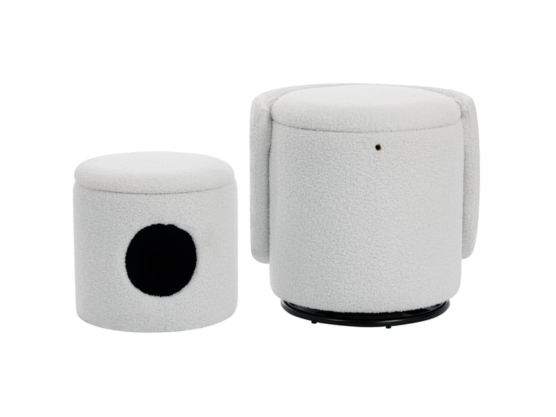  Fauteuil pouf pivotant à 360 degrés avec coffre de rangement et pouf en tissu teddy blanc, 53 × 50 × 47 cm  - Conforama A