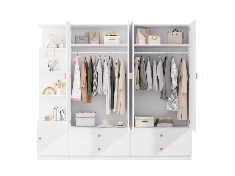  Grande armoire blanche à portes battantes, garde-robe de chambre 225 cm avec 3 tringles et 4 tiroirs  - Conforama A