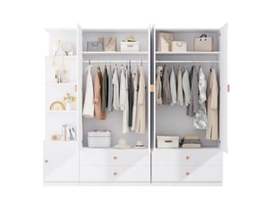 Grande armoire blanche à portes battantes, garde-robe de chambre 225 cm avec 3 tringles et 4 tiroirs