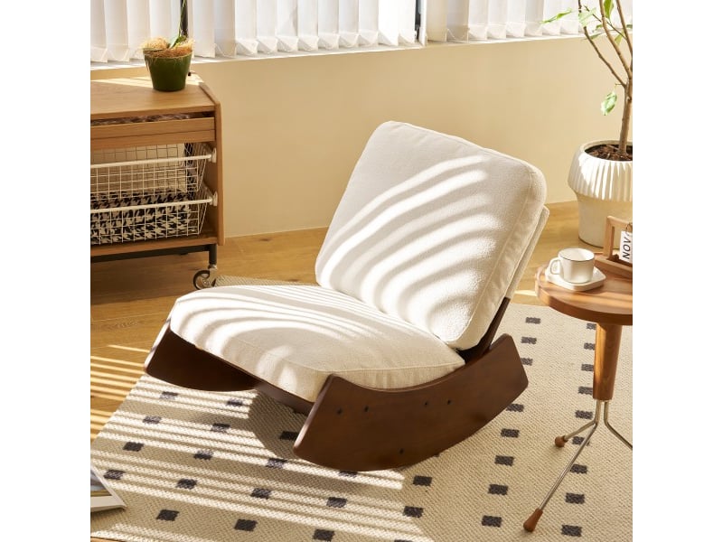  Fauteuil à bascule relax - 90x61,5x71,9 cm - balancement fluide en tissu velours côtelé structure bois massif - blanc  - Conforama D