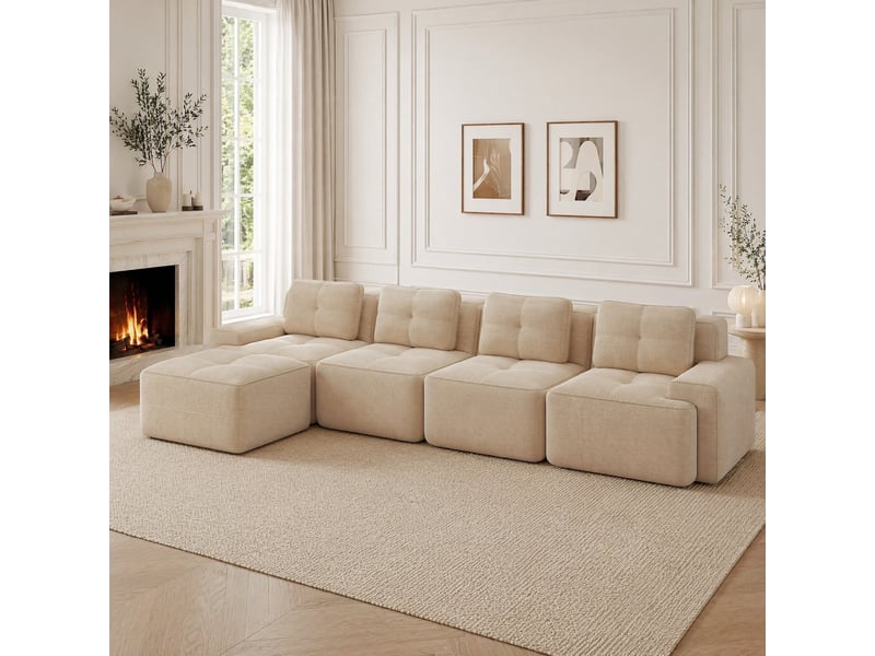 Canapé modulable en l 4 places 382x177x69 cm, sans montage, mousse 32d, assise profonde, en velours côtelé, beige - Conforama B