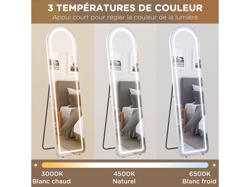  Miroir complet arqué miroir pleine longueur led 3 couleurs lumière réglables fonction mémoire argent 150 x 40 cm  - Conforama R