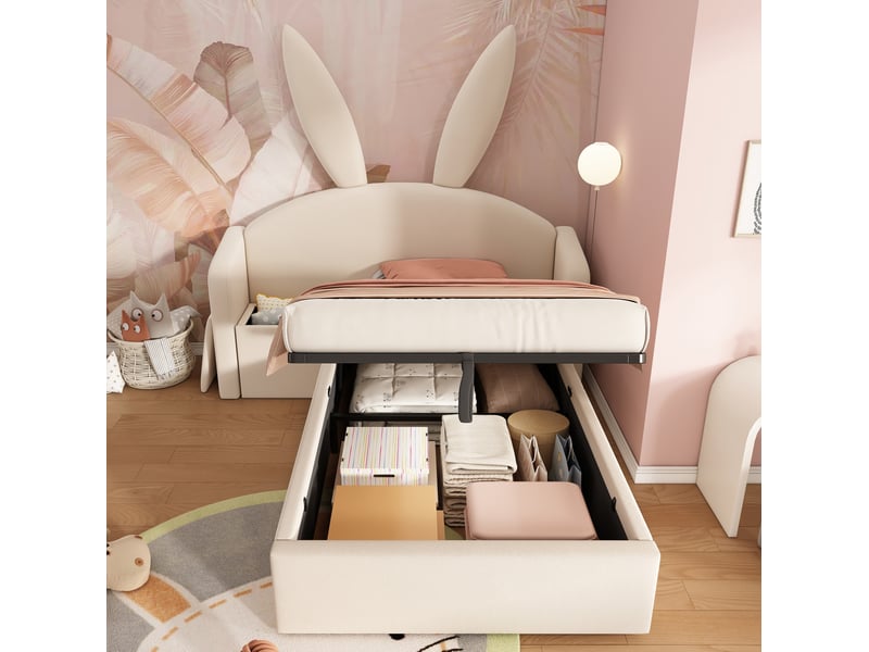  Lit enfant 90x200 cm coffre hydraulique avec table de chevet, en velours beige  - Conforama D