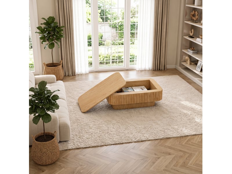 Table basse rectangulaire avec plateau amovible et rangement caché, finition bois naturel, pour salon 98 × 60 × 35 cm - Conforama E